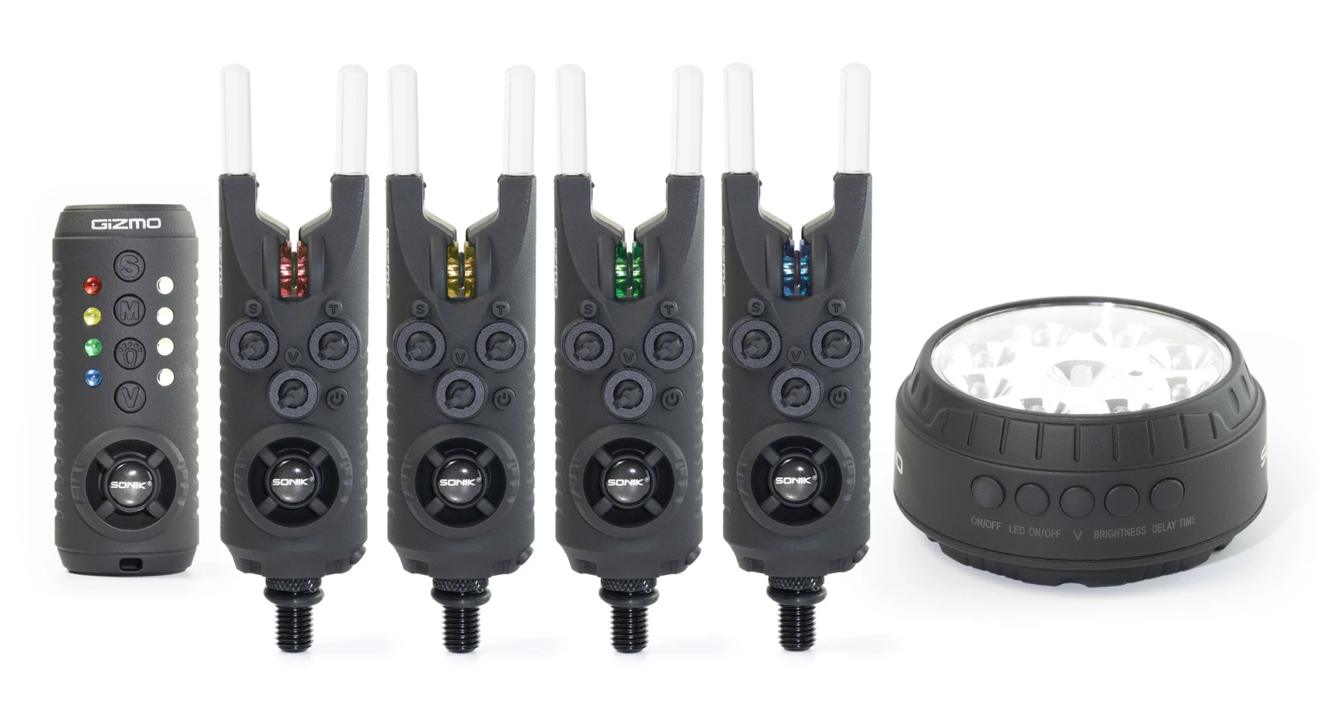 Sonik Gizmo 4+1 (Rot, Gelb, Grün,Blau ) Alarm & Receiver Set + Bivvy Lamp